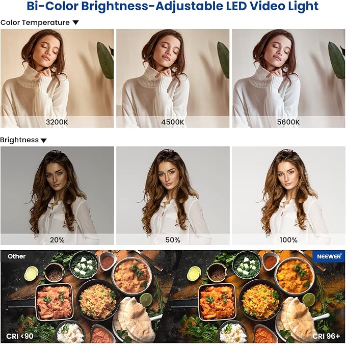 NEEWER 2 Pack Bi Color 660 LED Video Light and Stand Kit: (2) 3200-5600K CRI 96+ Dimmable Light with U Bracket and Barndoor, (2) 75 inches Light Stand for Studio Photography, Video Recording (Black) - Image 6