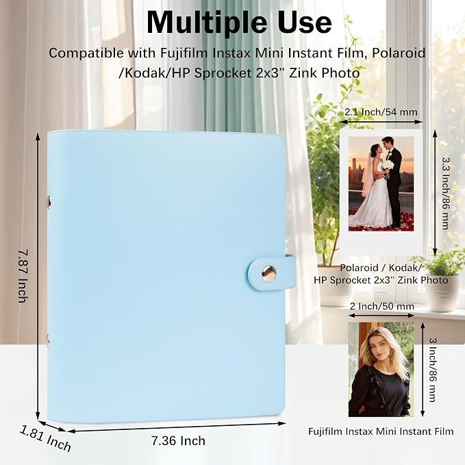 Veicevol 320-Pocket 2x3 Photo Album for Instax Mini and Polaroid, Blue | PU Leather Cover Keeps, Fits Instax Mini and Polaroid 2x3 Photos, Protects Travel, Wedding and Family Memories - Image 3