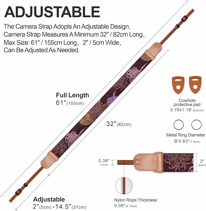Padwa Lifestyle Camera Strap - 2" Cowhide Leather Head Cotton Camera Straps for Photographers,Vintage Print Purple Daisy Japanese Art Neck & Shoulder Adjustable Strap for DSLR SLR Mirrorless Cameras - Image 4