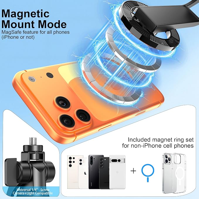 53" Magnetic Selfie Stick Tripod for Phone/Action Camera, 1/4" Mount | Aluminum Alloy Pole, 360° Rotation, 4-Leg Base & Wireless Remote Compatible with iPhone17 Pro&Action Camera for Travel Photos - Image 2
