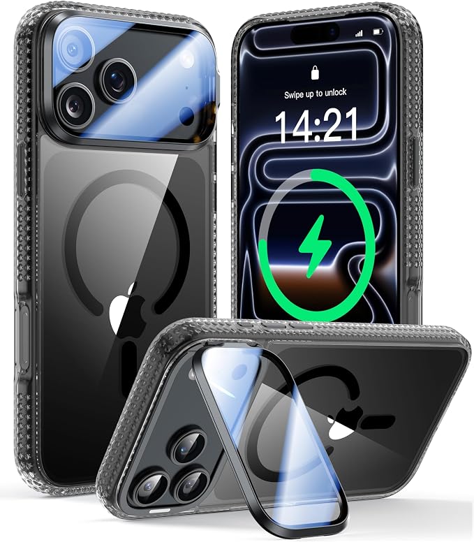 VOFATA [Upgraded Full Camera Protection] for iPhone 17 Pro Max Case with Camera Cover Stand [Fit for MagSafe][10FT Mil-Grade Protection] Transparent Magnetic iPhone 17 Pro Max Phone Case, Clear Black by VOFATA