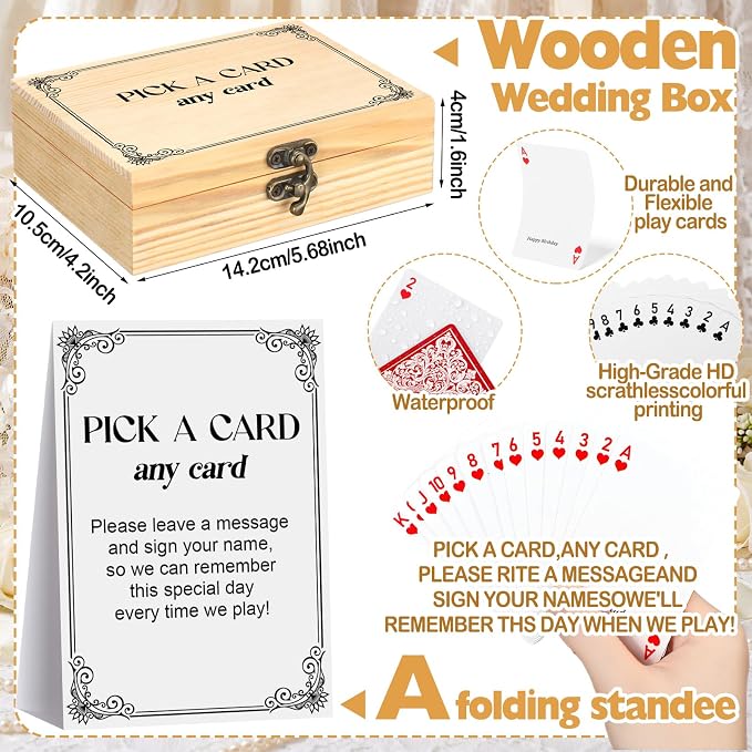 AceOrbit 57 Pack Red Wedding Guest Book Playing Cards Set with Wooden Box | Wedding Signing Guestbook Alternative Personalized Blank Deck of Cards for Guest Reception Romantic Vegas Bridal Shower Games - Image 3
