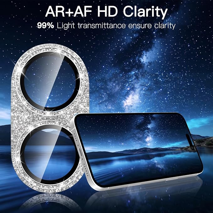 [2 Pack Bling Camera Lens Screen Protector for iPhone 17 with 9H Tempered Glass Aviation Aluminum Plate Cover Metal Ring,Night Circle,No Bubble,HD Clarity,Easy Installation-Glitter Silver - Image 4