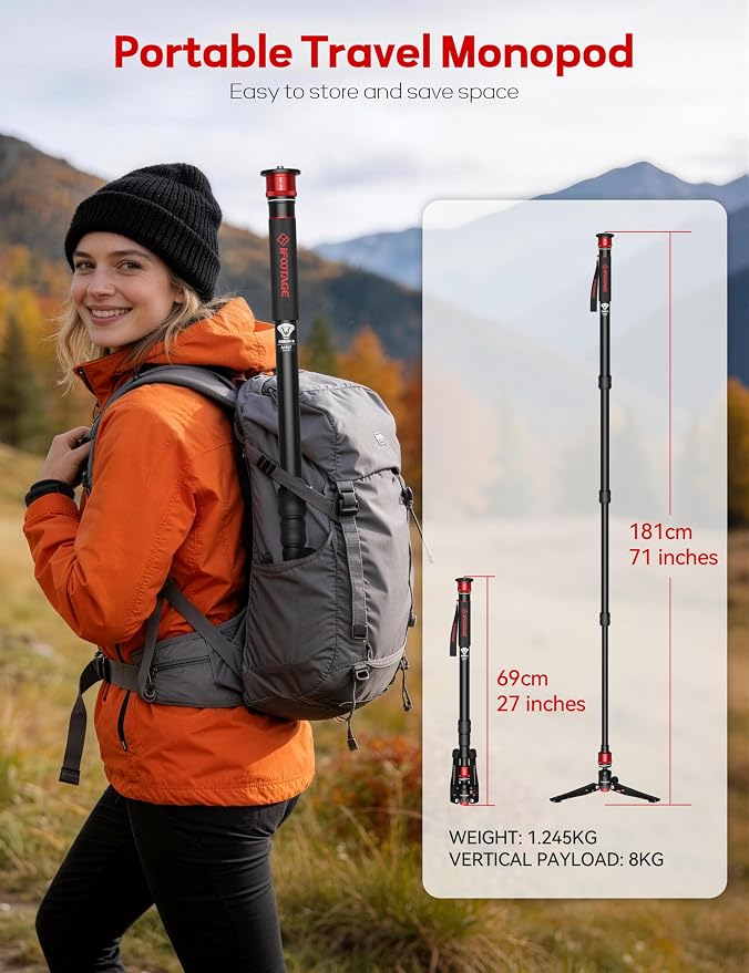 IFOOTAGE Cobra 3 A180T Aluminum Camera Monopod 71" | Telescopic Video Monopod with Feet Compatible with Sony Canon Nikon DSLR Cameras, Payload 17.6lb - Image 9