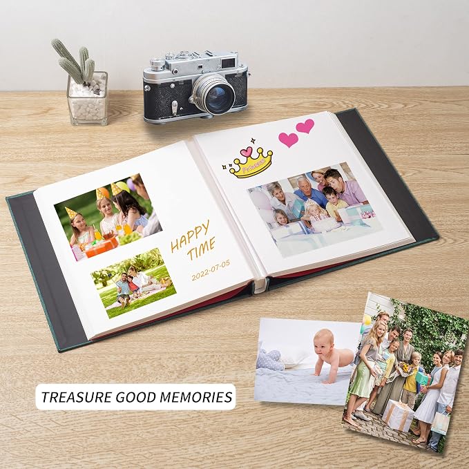 Large Photo Album Self Adhesive 4x6 5x7 6x8 8x10 Pictures Scrapbook Magnetic Album DIY Scrap Book 60 Sticky Pages Linen Cover DIY Photo Album with A Metallic Pen and DIY Accessories(Drak Green) - Image 3