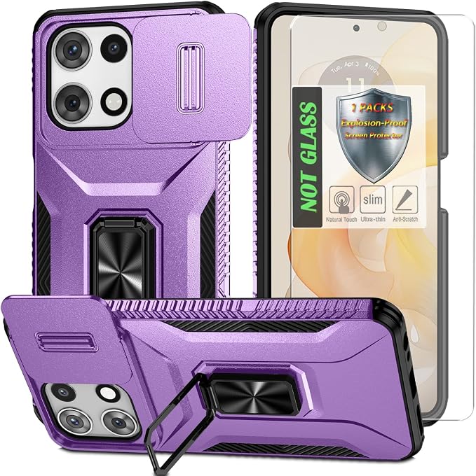 for Moto G 5G 2025 Case,with Sliding Camera Lens Cover,HD Screen Protector,360° Rotating Ring Kickstand,AYMECL Military-Grade Shockproof Protective Cover for Motorola Moto G 5G 2025,Purple by AYMECL