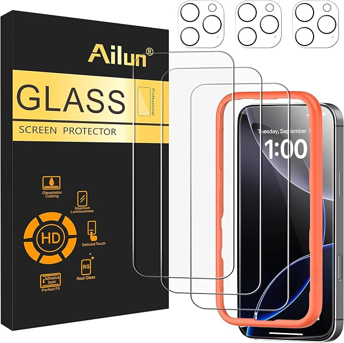 Ailun Screen Protector + Camera Lens Protector for iPhone 16 Pro Max | 3+3 Pack, 6.9 inch, Installation Frame, Case Friendly, Tempered Glass by Ailun