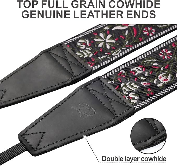 Padwa Lifestyle Camera Strap - 2" Full Grain Leather Ends Camera Straps for Photographers, Vintage Embroidered Cotton Weave Soft Strap Quick Release fits All Cameras - Image 3