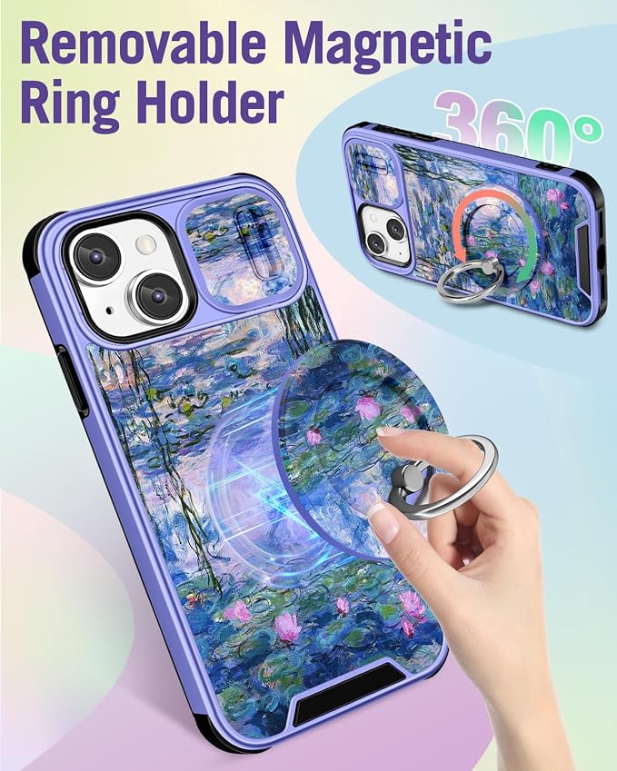 Buleens for iPhone 13 Case 6.1 Inch - with Ring Stand & Camera Cover Aesthetic Cute Designed for Women Girls Girly Pretty Blue Water Lily for Phone Case for iPhone 13 Compatible with Magsafe - Image 5