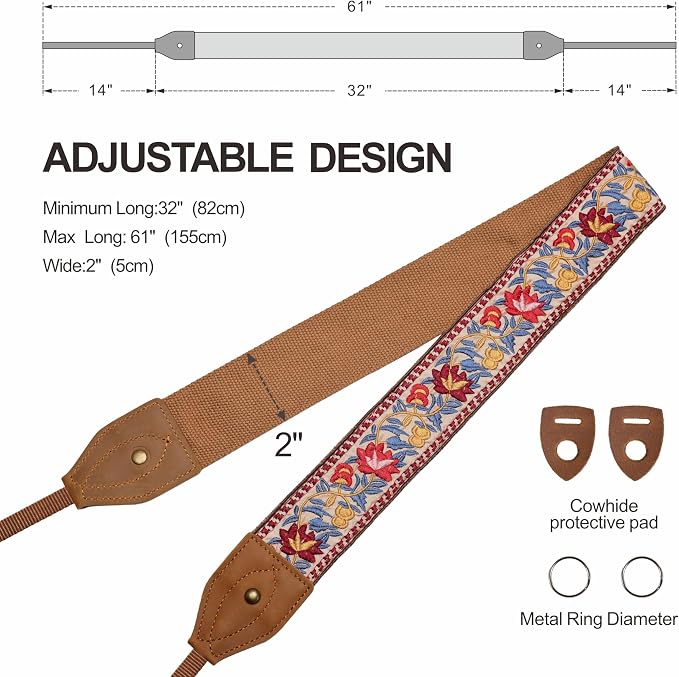 Padwa Lifestyle 2" Wide Classic Crazy Horse Art Cowhide Head Cotton Camera Straps for Photographers - Image 6