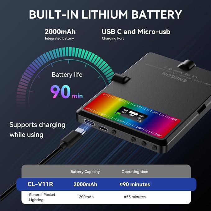 ENEGON RGB Selfie Light, 360° Full Color RGB Video Light with 24 Effects, 78 LED 2000mAh Rechargeable CRI 95+ and 2500K-9000K CCT, Portable Clip on Light for Phone/Tablet/Laptop/Streaming - Image 2