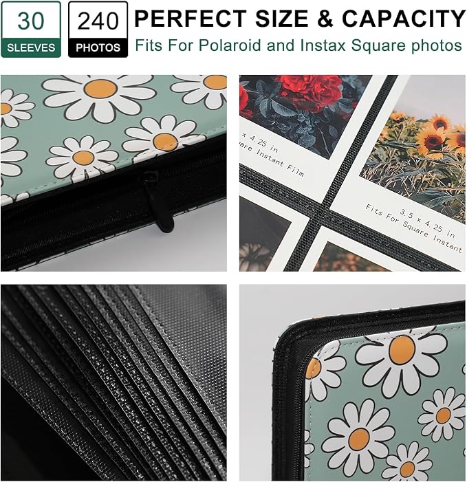 Large Polaroid Photo Album Binder, 240 Pockets. Daisy | Fits Polaroid i-Type, 600, SX-70 and Instax Wide 3.5x4.25 films. Acid-free pages protect photos for long-term storage. - Image 4
