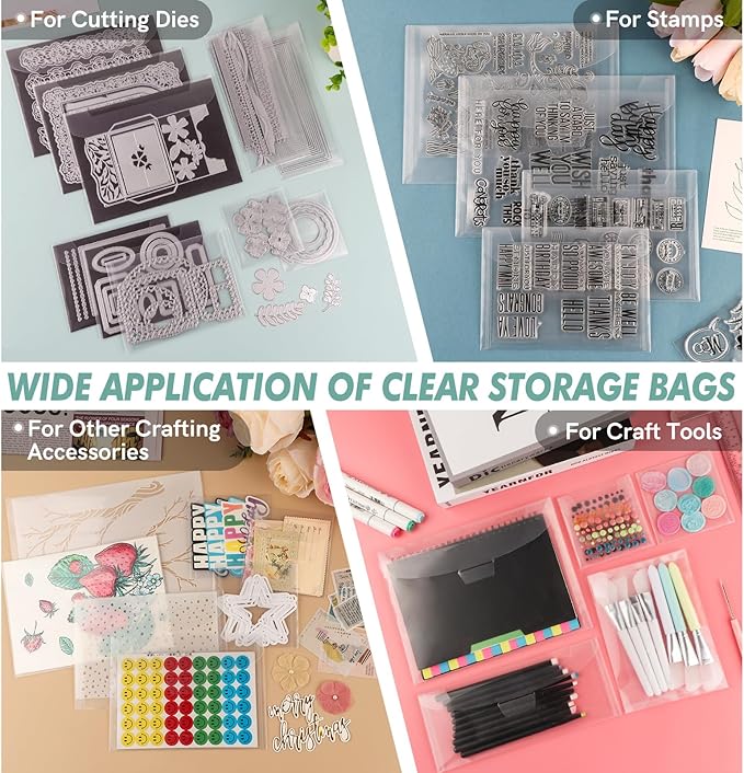 20 Pieces Clear Stamp and Dies Storage Bags,9.4x3.9inch Plastic Scrapbooking Storage Pockets,Scrapbooking Storage Die Storage Envelopes for DIY Card Making Arts Crafts Scrapbooking Supplies - Image 3