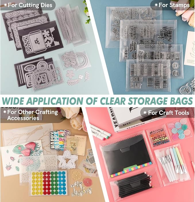 20 Pieces Clear Stamp and Dies Storage Bags,Resealable Plastic Envelopes Pockets for Cutting Dies Stencil Crafts Organizer Holder Arts Crafts Scrapbooking Supplies 9.4x7inch Clear Bags - Image 2