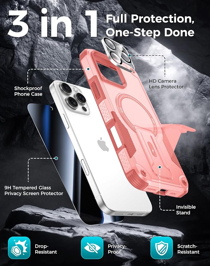 Goton 3 in 1 for iPhone 16 Pro Max Case with Privacy Screen Protector Pink | Glass Camera Lens Protector,Compatible for MagSafe,Invisible Kickstand, Shockproof Phone Cover for iPhone 16 Promax - Image 3