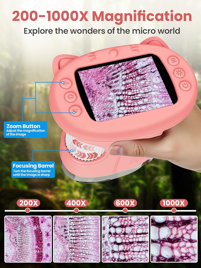 Microscope for Kids, 2.4 Inch Digital Microscope with 1000X Magnification, Handheld Camera Mini Pocket Magnifying Glass, Educational Birthday Gifts Toys for Ages 3+, Pink - Image 4