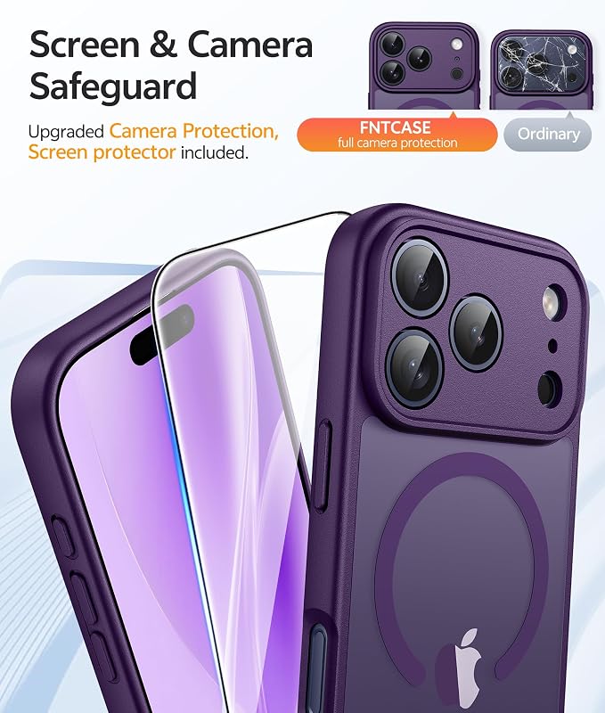 FNTCASE for iPhone 17 Pro Max Case, Fit for Magsafe, Screen Protector | Full Camera Protection, Translucent Matte, 14FT Military Grade Drop Proof, Shockproof Protective Phone Cover, Purple - Image 4