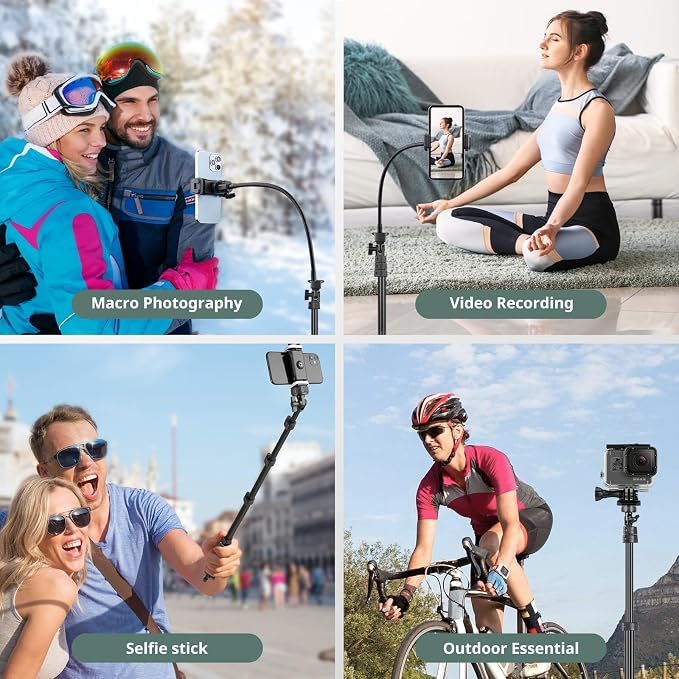 Sensyne 88" Phone Tripod, Selfie Stick Tripod with 14.95" Flexible Gooseneck, Overhead Cell Phone Stand for Video Recording, Photography, Compatible with Phone, Camera - Image 2