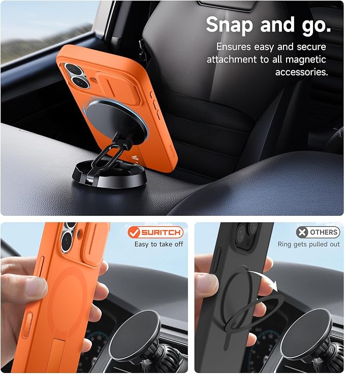 SURITCH for iPhone 17 Case with Camera Control Cover, Camera Slide Cover and Adjustable Kickstand, Compatible with MagSafe, Shockproof Bumper Protective Cases 6.3 Inch, Orange - Image 6