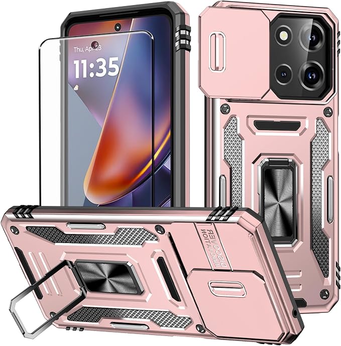 for Moto G 2025 Case with Screen Protector and with Camera Cover, 360°Military Grade Rotatable Kickstand (Heavy Duty) Shockproof Protective, Case for Moto G 2025 Rose Gold by Aozuoton