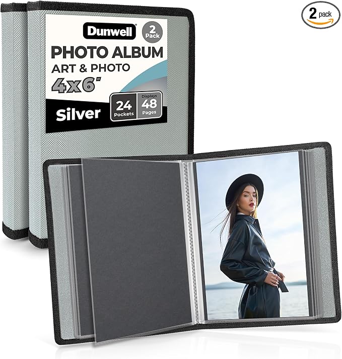 Dunwell 4x6 Photo Album & Art Portfolio Book, 48 Pages, Silver 2-Pack | Displays 48 Pages, 24 Clear Sleeves, Black Mounting Paper, Organizer for 4x6Photos by Dunwell