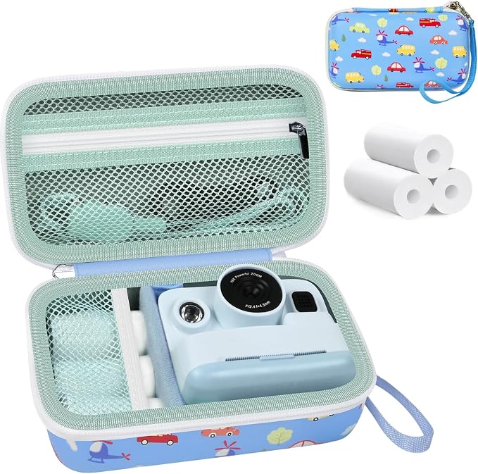 Kids Instant Print Camera Case & 3 Rolls for DYLANTO for ESOXOFFORE | Portable Digital Camera Case for ETIKEZ for YTETCN for DUDUDRAGON with Pocket for Accessories (Box Only)-Blue Car by Grapsa