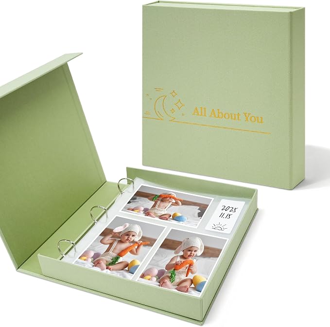 4x6 Photo Storage Box with 3-Ring Slip-In Album, Linen Binder Organizer with Gold Foil Cover, Holds 310 Photos with Blank Memo Cards for Memories & Keepsakes, Light Green by Hiwhy