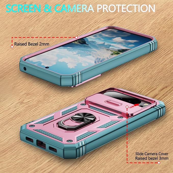 Case for Google Pixel 10 Pro XL/Pixel 9 Pro XL, with 3 Pcs Tempered Glass Screen Protector Built in Ring Stand Kickstand + Camera Cover, Hard PC Soft TPU Defender Full Body Protective Case -Pink/Green - Image 7