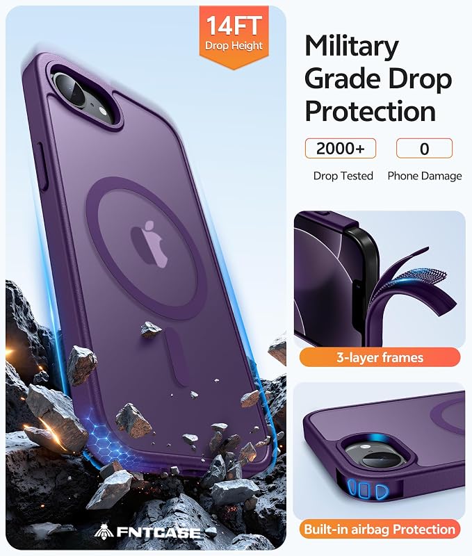 FNTCASE for iPhone 17e/ iPhone 16e Case, Fit for Magsafe, Screen Protector | Translucent Matte Magnetic Back, 14FT Military Grade Drop Protection, Shockproof Protective Phone Cover, Purple - Image 5