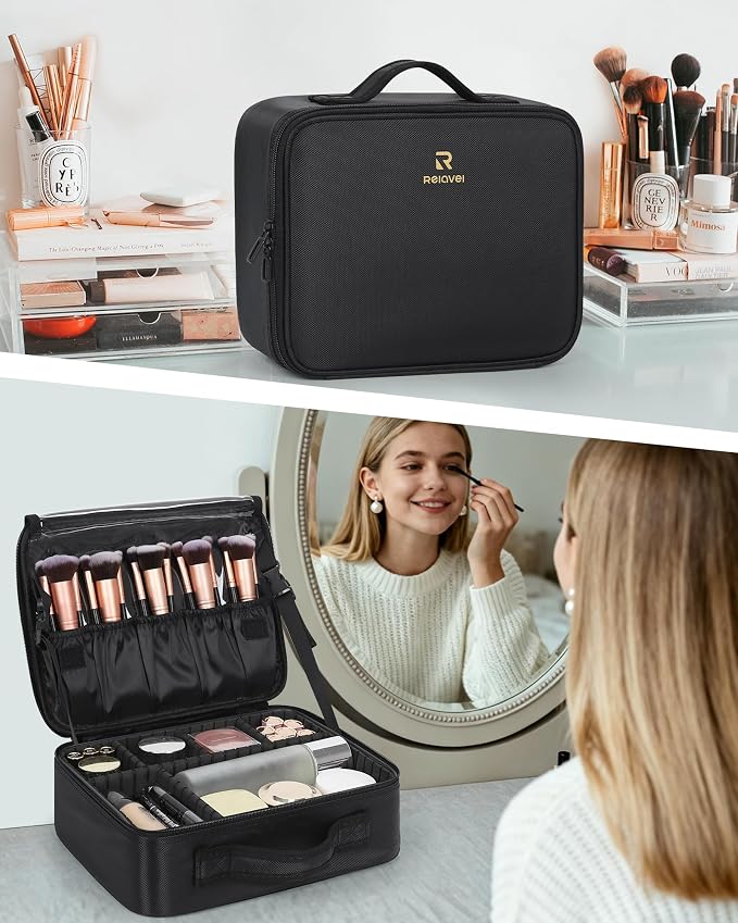 Relavel Makeup Bag Large Cosmetic Bag Travel Train Case Toiletry Bag for Women with Adjustable Dividers, Travel Essentials Organizer Case Storage Box for Skincare, Brushes, Black - Image 8