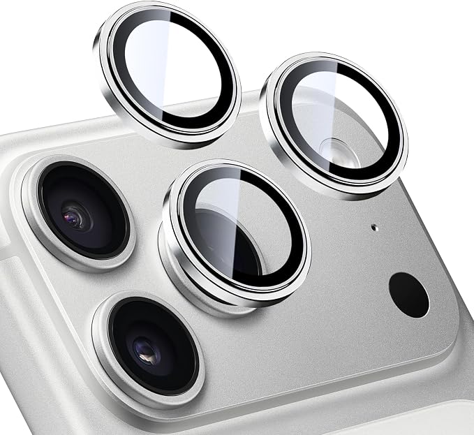 Camera Lens Protector for iPhone 17 Pro & 17 Pro Max, Silver | AR+AF, 9H Tempered Glass, Individual Metal Ring, Anti Glare, Fall Protection, Camera Screen Cover by TENOC