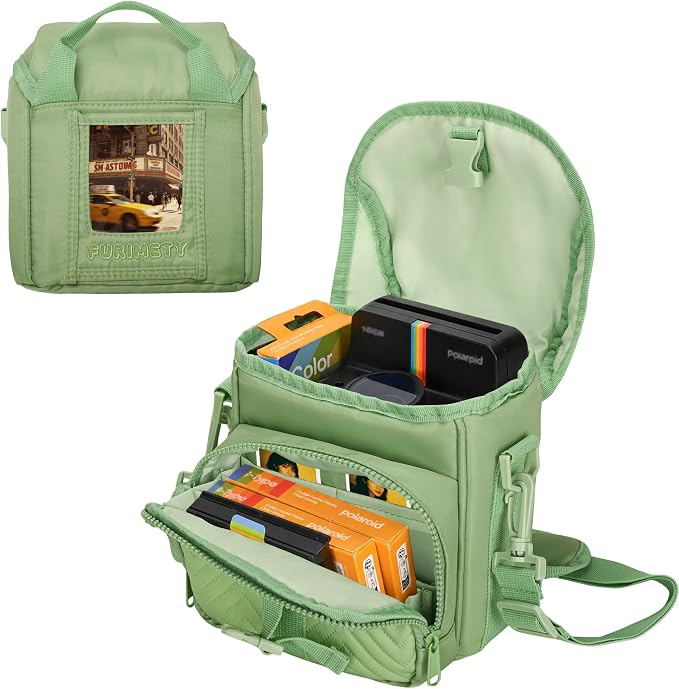 Camera Case for Polaroid Now 3rd/2nd Gen with Photo Display Window | Instant Camera Sling Bag with Clear Display Window, ilted Front Pocket, 8mm Padding, Top Handle and Adjustable Strap, Green by Unknown