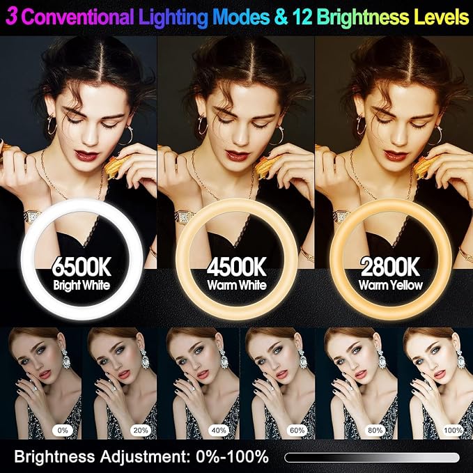 12.3" Ring Light with 74" Tripod Stand/Phone &iPad Holder-53 RGB Mode Light | Wireless Remote Circle Halo Light for iPhone, 12 Dimming Levels LED Ringlight with Stand for Makeup/Live Stream/Photo/TikTok - Image 2