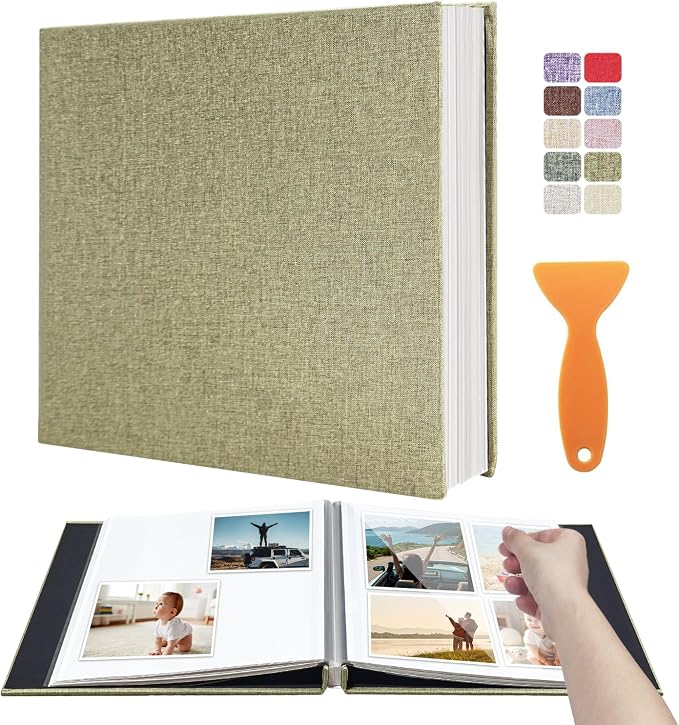 Photo Album Scrapbook – 4x6, 5x7 & 8x10 Pictures – Self-Adhesive Pages for Baby, Wedding, Travel & Family Memories | Includes Metallic Pen & Scraper/Light Matcha Large DIY Memory Book for Gifts by HoneyTolly