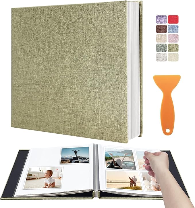 Large Photo Album Scrapbook – Holds 4x6, 8x10 Pictures – Self-Adhesive Pages for Baby, Wedding, Travel & Family Memories | Includes Metallic Pen & Scraper/Light Matcha Large DIY Memory Book for Gifts by HoneyTolly