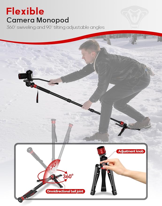 IFOOTAGE Cobra 3 A180T Aluminum Camera Monopod 71" | Telescopic Video Monopod with Feet Compatible with Sony Canon Nikon DSLR Cameras, Payload 17.6lb - Image 8