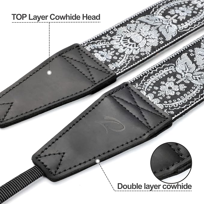 Padwa Lifestyle Camera Strap - 2" Full Grain Leather Ends Camera Straps for Photographers, Vintage Embroidered Cotton Weave Soft Suede Fabric Padded Strap Quick Release fits All Cameras - Image 2