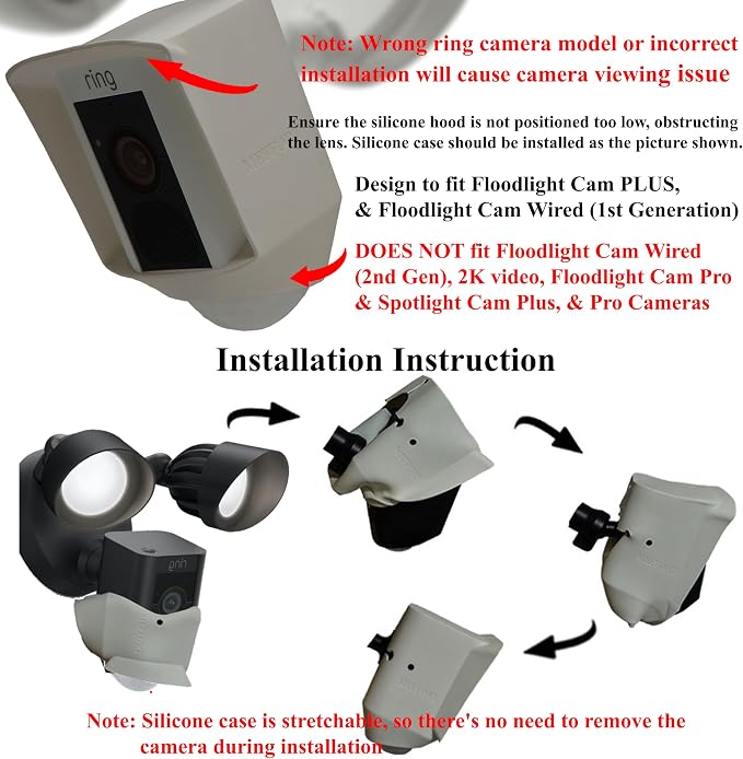 Silicone Skin Case Cover Compatible with Ring Floodlight Cam Wired Plus, Floodlight Camera (1st Gen) - Sun Glare, UV & Weather Protection Skins Cover - Black - Image 5