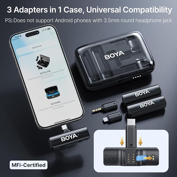 BOYA BOYALINK 2 Wireless Lavalier Microphone for iPhone/Camera/Android/PC | 3-in-1 RX, Mini Lapel Mic, 48kHz 24bit, 1000ft, 30h Use, 2 Level Noise reduction, Clip on Mic with USB-C/Lightning/3.5mm Plug - Image 5