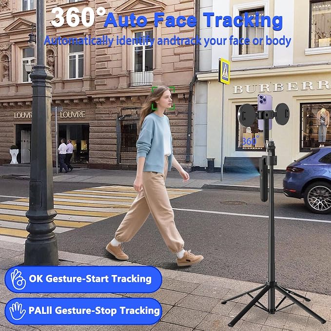 Auto Face Tracking Tripod for iPhone with Light 70.9” Selfie Stick Tripod Stand Follows Your Movement 360°Phone Camera Tripod with Wireless Remote for Content Creator Vlog Live Stream Video Recording - Image 3