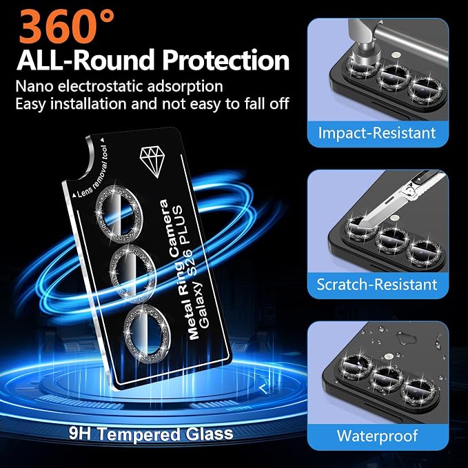 for Samsung Galaxy S26 Plus Camera Lens Protector, Individual Metal Ring Tempered Glass Lens Cover, [Strong Adsorption] Scratch Resistant Ultra-Thin HD Clear Lens Cover, 1 Set-Black Sparkly - Image 2