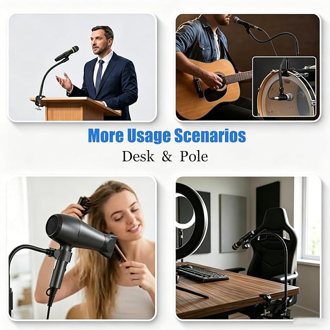 Kereal Microphone Stand Arm Gooseneck 22” Extender Mic Clip With 1/4" to 3/8" Adapter Mount & Metal Crab Clamp,Mic Holder For Podium,Kick Drum,Compatible with Fifine,Shure,Blue,Snowball,AT2020,Razer - Image 5
