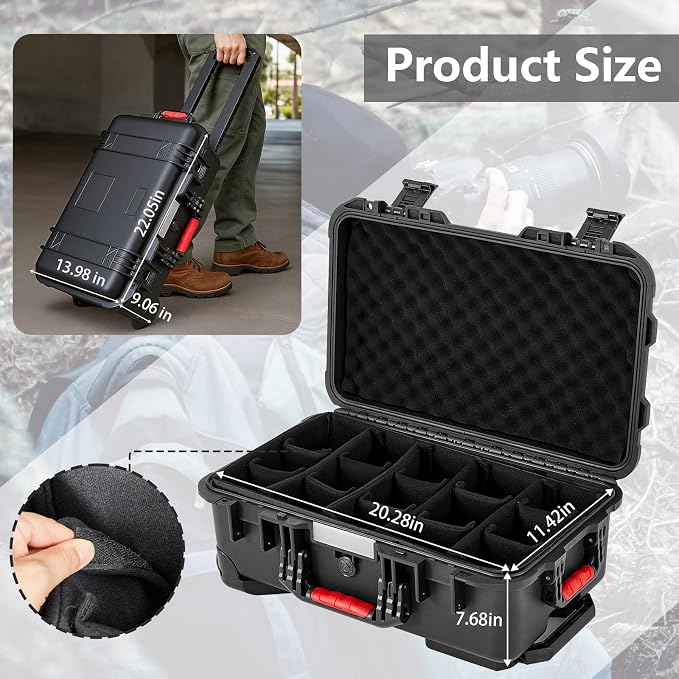 Relaxweex Rolling Camera Hard Case with 15 Padded Dividers & Wheels | Impact-resistant, Protective, Waterproof, Hard Shell Travel Case for Cameras, Lenses & Accessories, 22 x 14 x 9 Inch, Black - Image 2