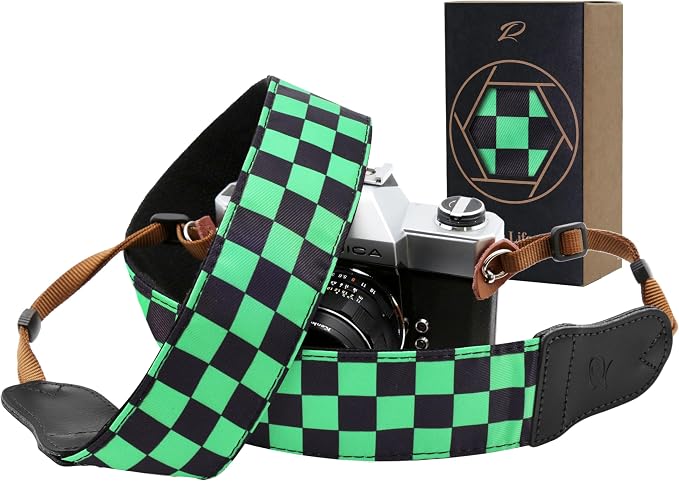 Padwa Lifestyle Green Black Plaid Camera Strap - 2" Wide Double Layer Cowhide Head,Cotton Camera Straps for Photographers,Grid Pattern Adjustable Camera Shoulder Neck Strap for All DSLR Cameras by PadwaLifestyleCameraStrap