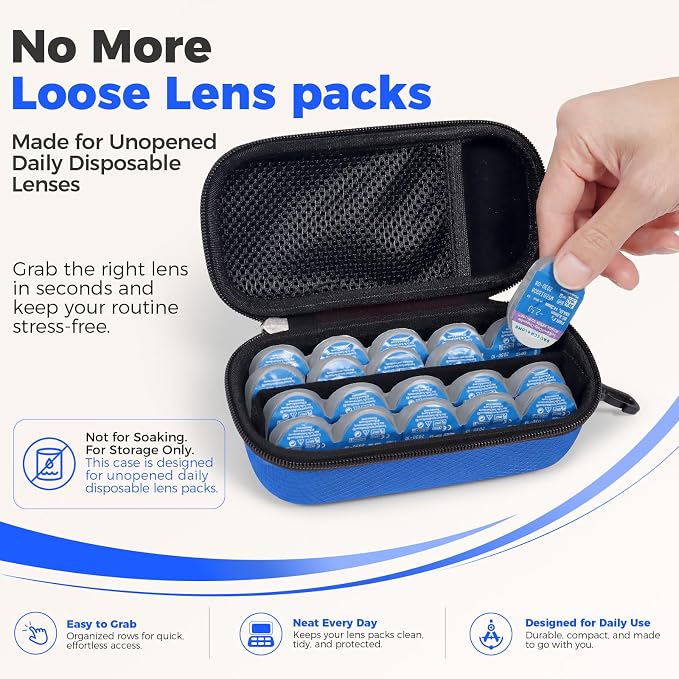 WOMACO Daily Contact Lens Case, Hard Shell Portable Contact Lens Travel Box for Disposable Daily Lenses, Left Right Separated Contact Lens Storage Organizer with Mesh Pocket (Blue, for 40 pieces) - Image 2
