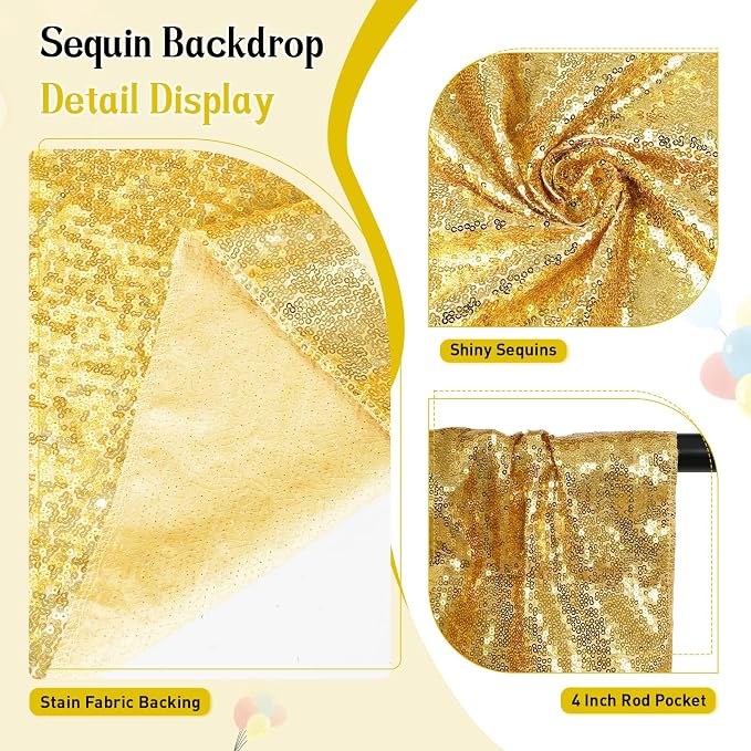SquarePie 8x10ft Gold Sequin Backdrop, High Density Non-Transparent Glitter Curtain for Photography, Birthday, Wedding Party Decorations, Thick Solid Background with 4" Rod Pocket, 1 Panel - Image 4