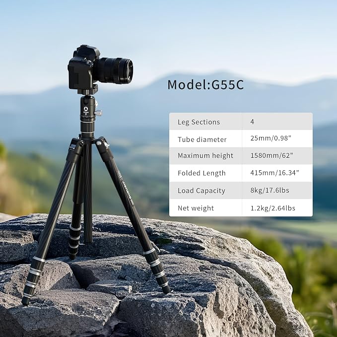 Carbon Fiber Camera Tripod, 62" Professional Video Tripod for Camera with 360° Ball Head, 1/4" Arca QR Plate, Compact Lightweight Travel Monopod for DSLR/Smartphone, Max Load 17.6 lbs/8kg - Image 2