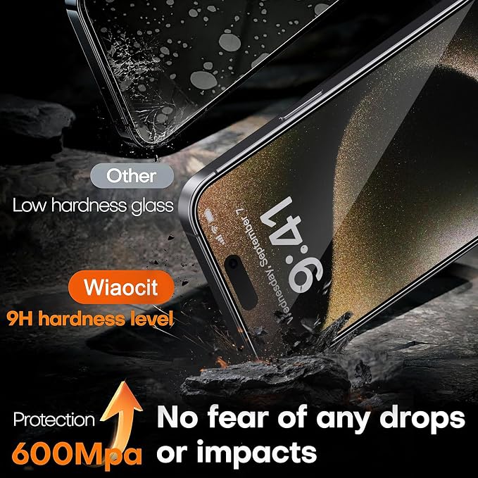 Wiaocit Tempered Glass Privacy Screen Protector for iPhone 15 Pro | 3+3 Pack, 9H Hardness, Camera Lens Protector, Installation Frame, Bubble Free, Case Friendly - Image 4