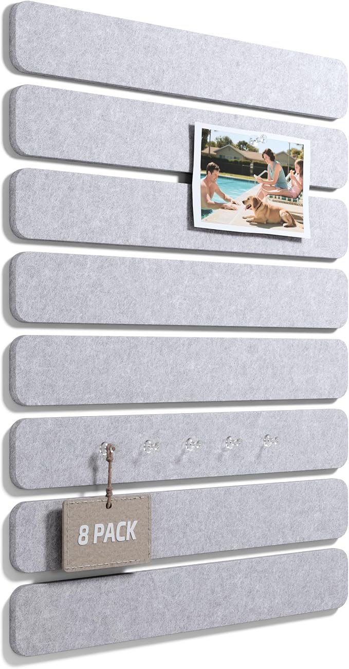 Fluxynara 13" x 2" Felt Wall Panels, Soft Gray | 8-Pack Includes 50 Push Pins and Adhesive Tabs for Photos, Notes and Decor in Bedroom Doors, Home Office or Studios by FLUXYNARA