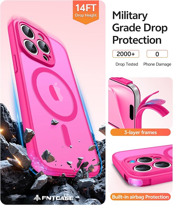 FNTCASE for iPhone 15 Pro Max Case, Fit for Magsafe, Glass Screen Protector | Full Camera Protection, Translucent Matte, 14FT Military Grade Drop Proof, Shockproof Protective Phone Cover, Hot Pink - Image 5